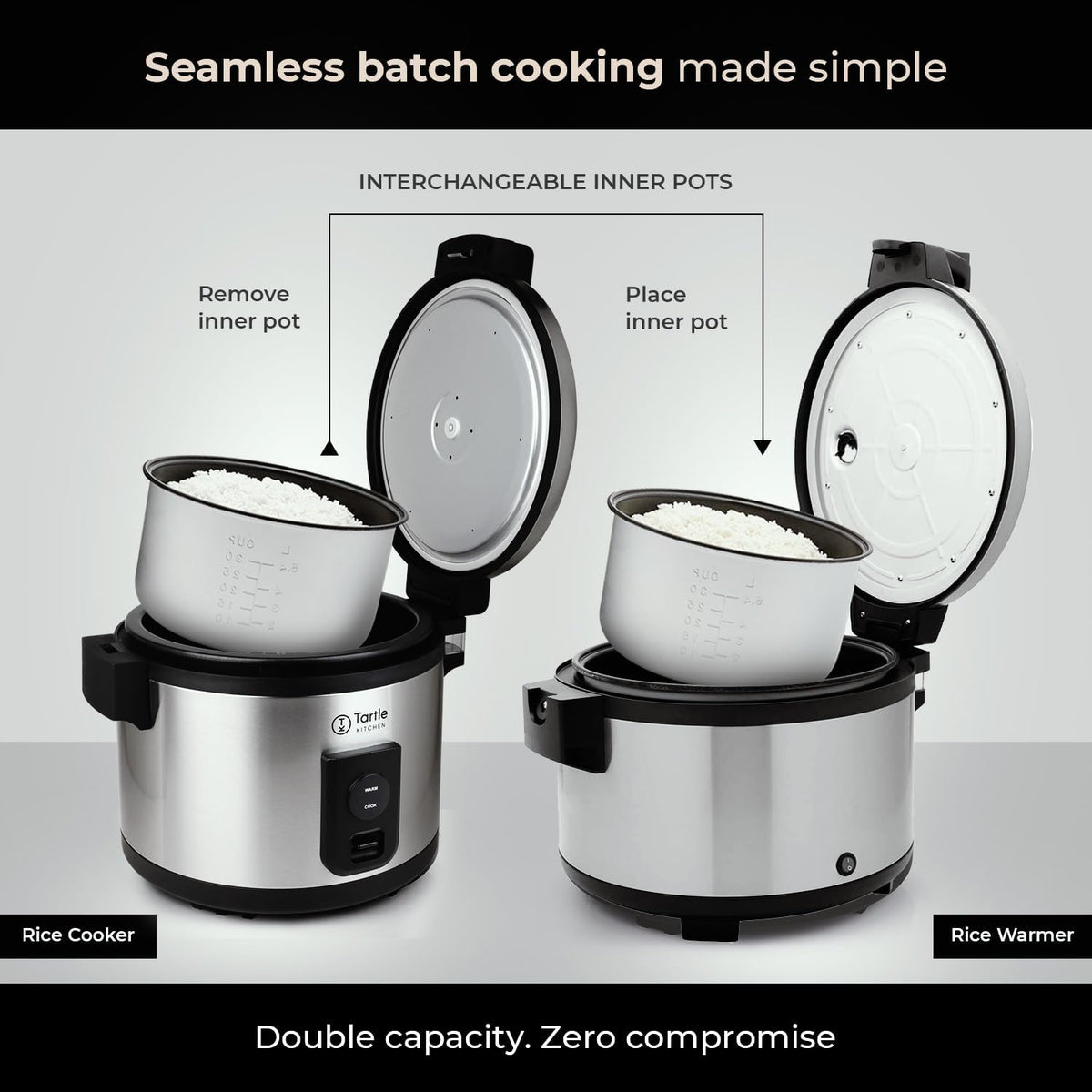 Tartle Commercial Rice Warmer and Soup Warmer - Warms 64 Cups Continuously for 12+ Hrs - Large Capasity, Non Stick & Keeps Rice Fluffy