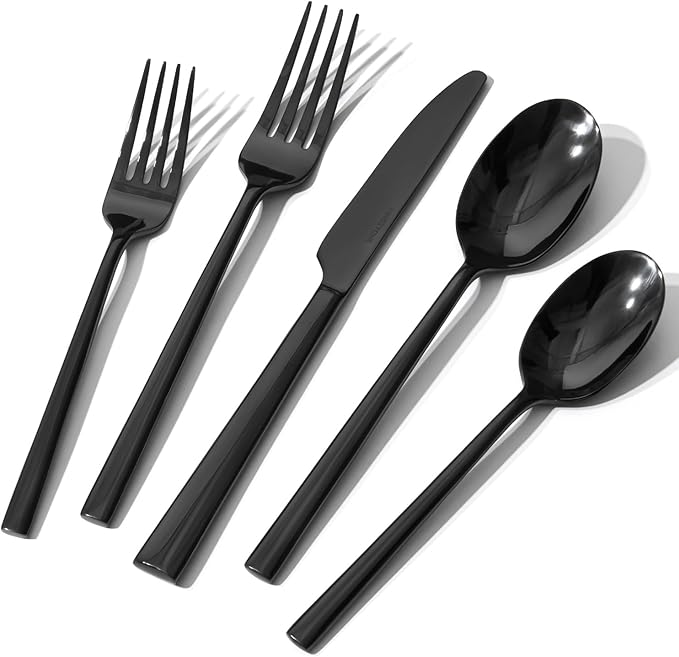 KINGSTONE Black Silverware Set, 60-Piece Forged Flatware Set Cutlery Set Premium Stainless Steel, Service for 12, for Kitchen, Home, Wedding, Party, Mirror Polished and Dishwasher Safe