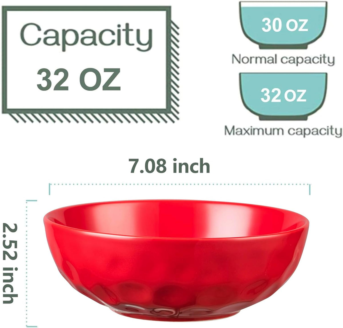Vicrays Ceramic Pasta & Soup Bowls, Large Salad Bowls - Set of 6 Red, Fluted Stoneware, Dishwasher & Microwave Safe