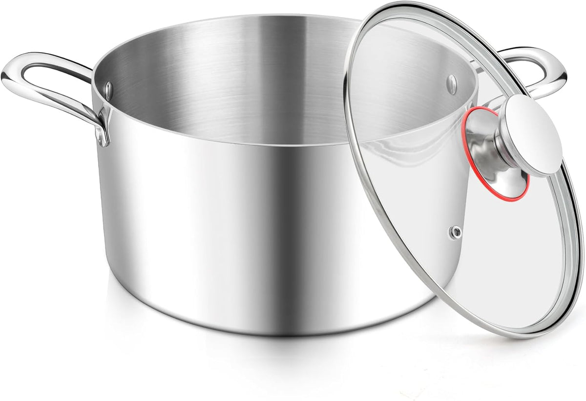 E-far 4 Quart Stock Pot, Tri-Ply Stainless Steel Cooking Pot with Glass Lid and Riveted Handles, Metal Pasta Soup Pot for Induction Ceramic Electric Gas Stoves, Heavy Duty & Dishwasher Safe
