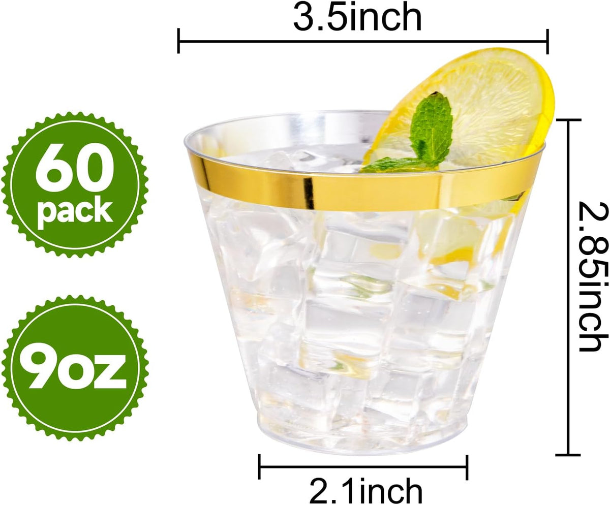 I00000 60PCS Gold Plastic Cups, 9 oz Clear Disposable Cups with Golden Trim, Heavy-Duty Disposable Hard Plastic Wine Glasses Cocktail Glasses Perfect for Party & Wedding