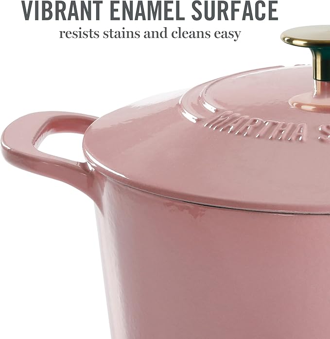 MARTHA STEWART Gatwick 7-Quart Enamel Cast Iron Dutch Oven Pot with Lid – Pink – Heavy-Duty Dutch Oven for Slow Cooking, Braising & Baking