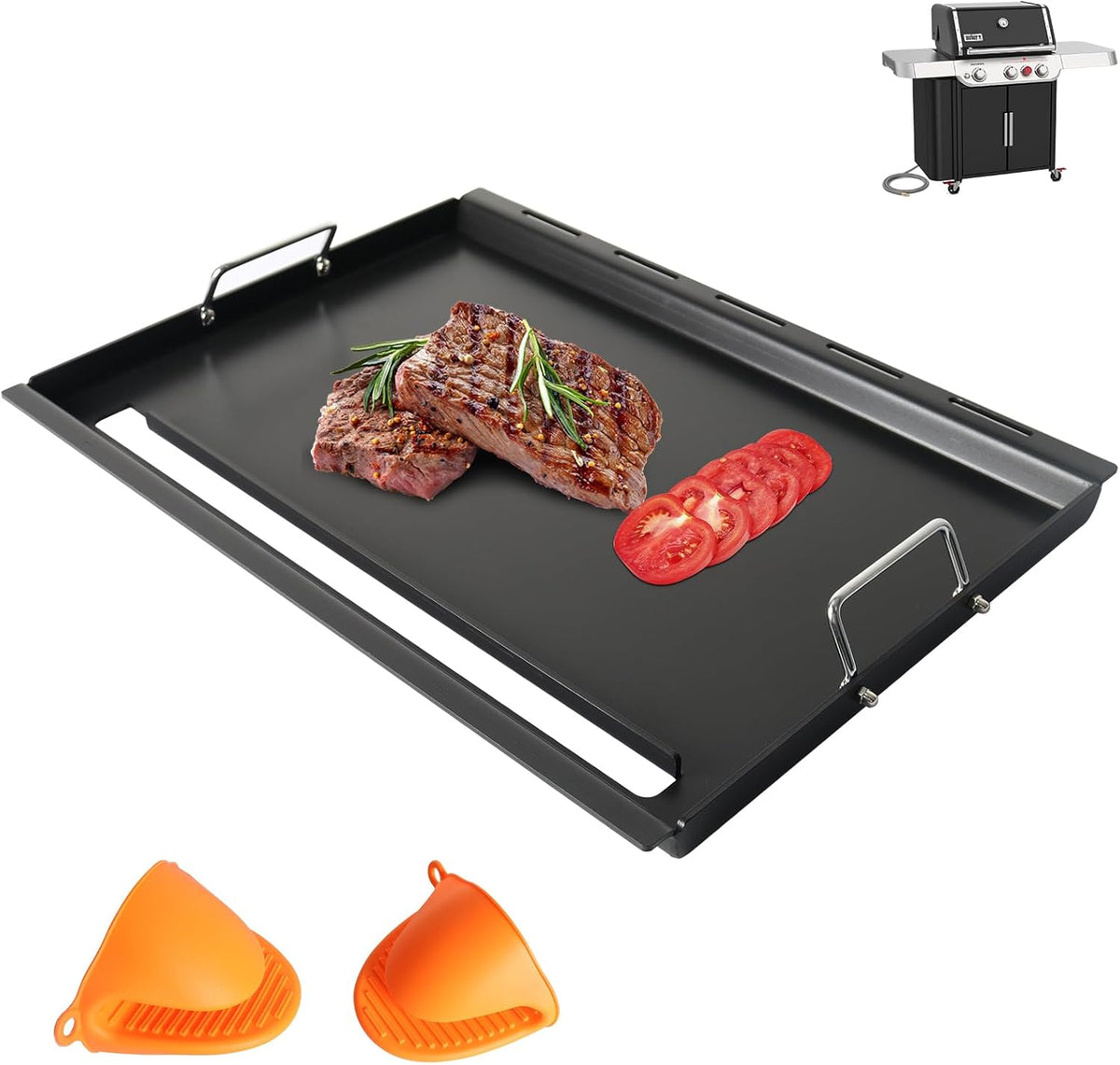 DcYourHome 7524 Griddle Insert for Weber Gas Grill Genesis 300 Griddle Genesis E310 S310 S320 E320 S330 EP320 EP310 EP330 Parts, Carbon Steel Full-Size Flat Top Griddle Plate with Handles, Heavy Steel