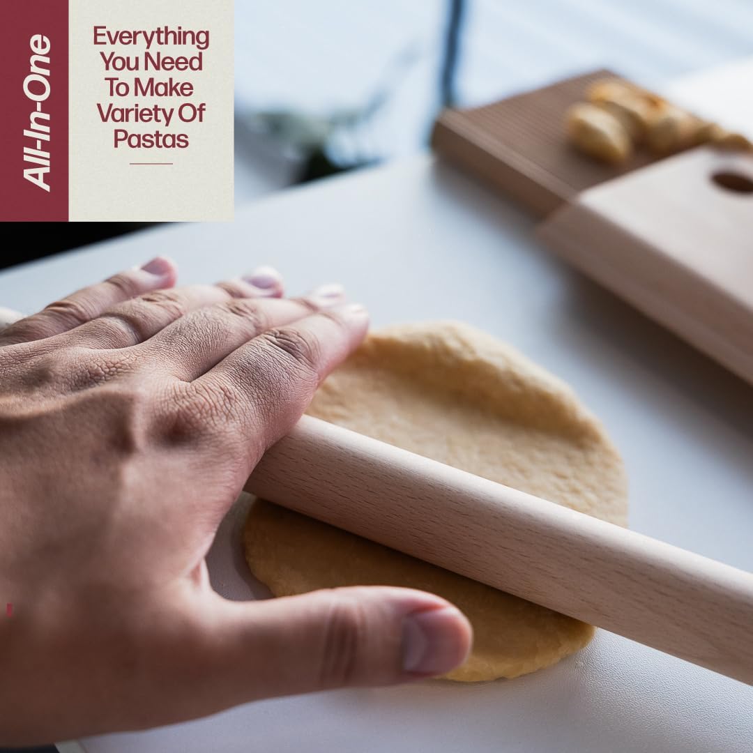 Wooden Pasta Board Set – 6-Piece Pasta Making Tools – Includes Pasta Board, Bench Scraper & 4 Rolling Pins – Make Rigatoni, Gnocchi, Garganelli, Trofie & More – Homemade Pasta Kit by Roppa