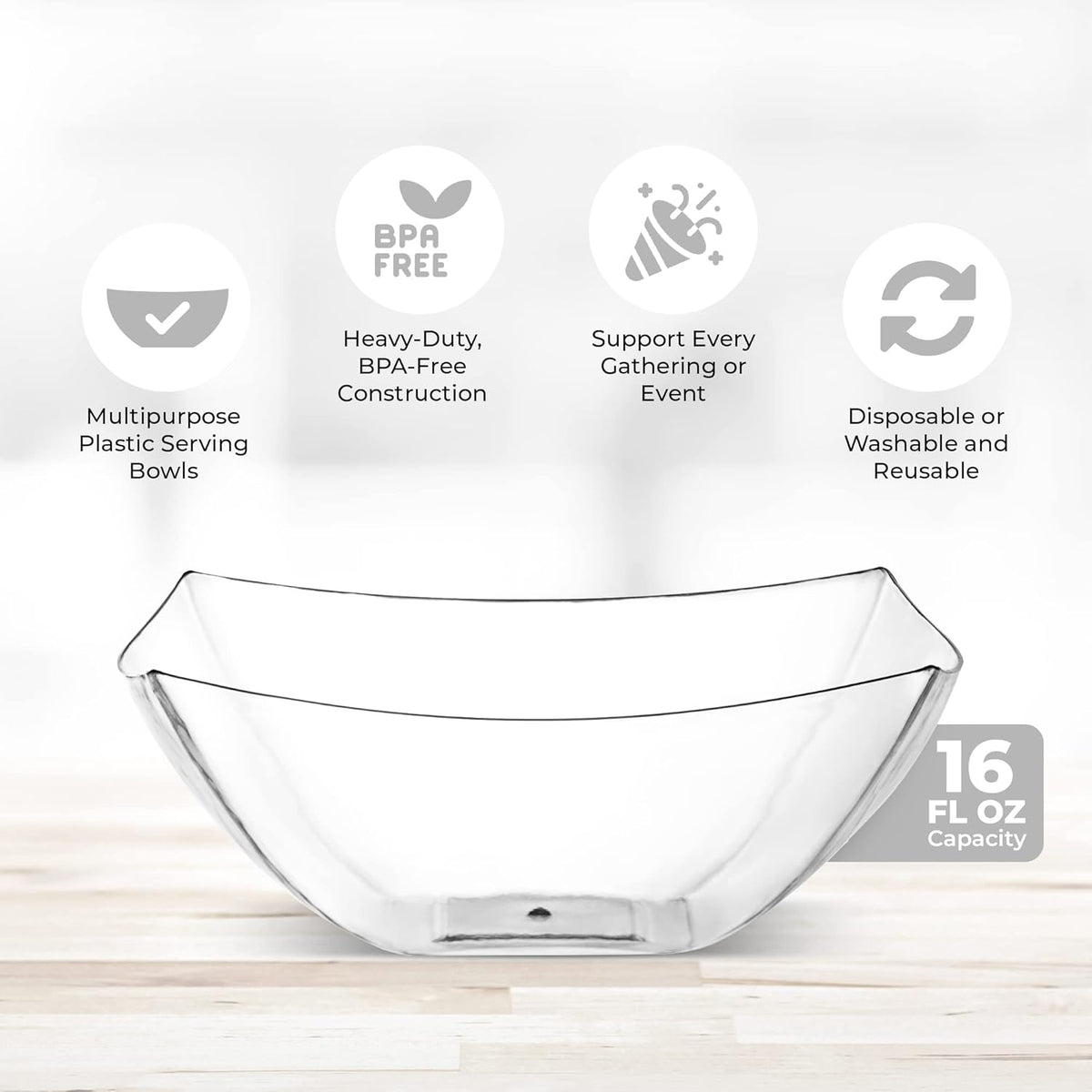 Posh Setting Clear Plastic Serving Bowls Disposable - Square Bowls - Square Candy Bowl - Plastic Snacks & Chip Bowls for Parties - Black, Gold & Clear, White Serving Dishes, 16 OZ, 4 Pack