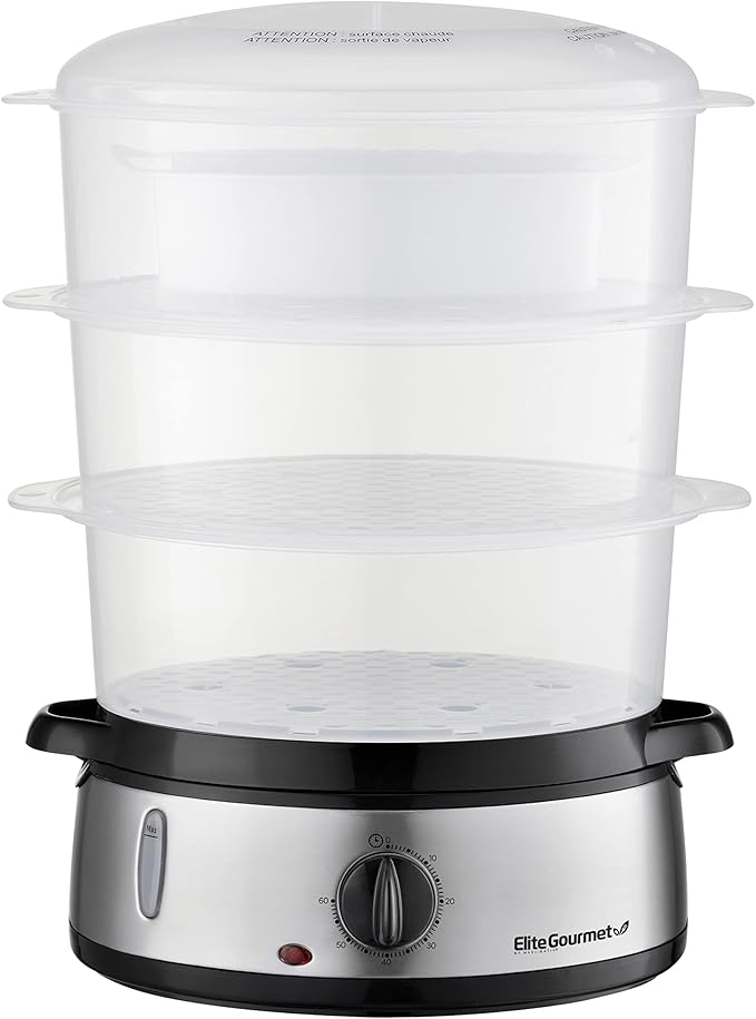 Elite Gourmet Maxi-Matic Electric Food Vegetable Steamer with BPA-Free 3 Tier Stackable, Nested Basket Trays, Auto Shut-off 60-min Timer, 800W, 9 Quart, Stainless Steel
