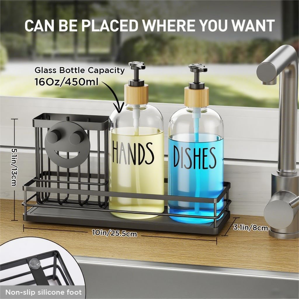Moforoco Kitchen Dish Soap Dispenser Set, 16OZ Glass Bottle, Hand and Dish Soap Dispenser Set, Instant Dry Tray, Non-Slip Silicone Pad, Brush Holder with Sponge Holder, Kitchen Decor（Clear Bottle）