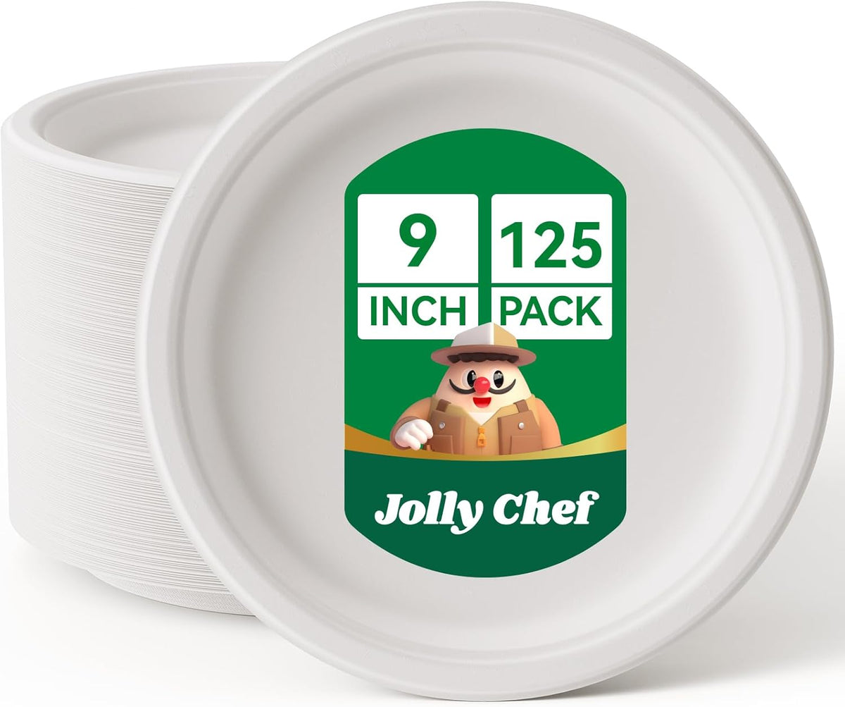 JOLLY CHEF Compostable Heavy Duty Plates 9 Inch [125 Pack] Eco-Friendly Disposable Natural Paper Plates Bagasse Biodegradable Bulk for Party Dinner Sugarcane Fibers Round 125 Count(White)