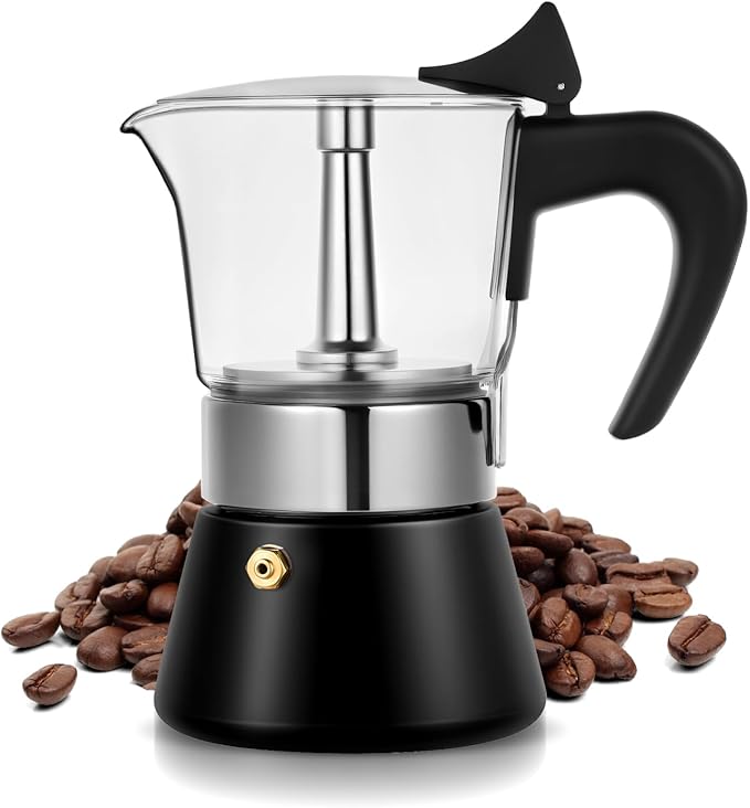 Induction Moka Pot, 4 Cups (7.1 oz) Crystal Glass-Top & Stainless Steel Moka Pot, Classic Stovetop Espresso Maker, Black