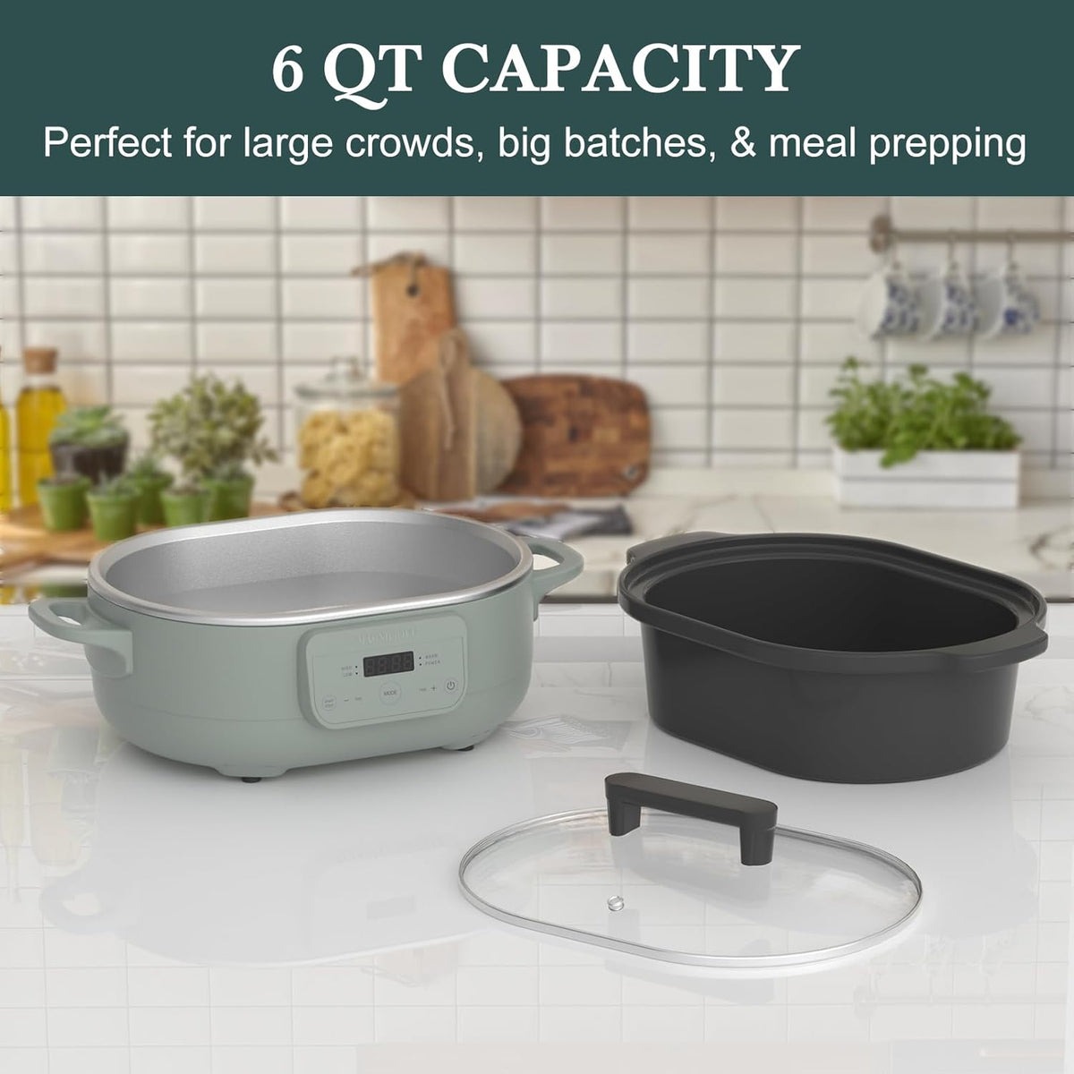 MAGNIFIQUE 6 Quart Programmable Slow Cooker Removable Healthy Nonstick Pot - Small Kitchen Appliance for Family Dinners - Serves 6+ People - Heat Settings: Keep Warm Olive