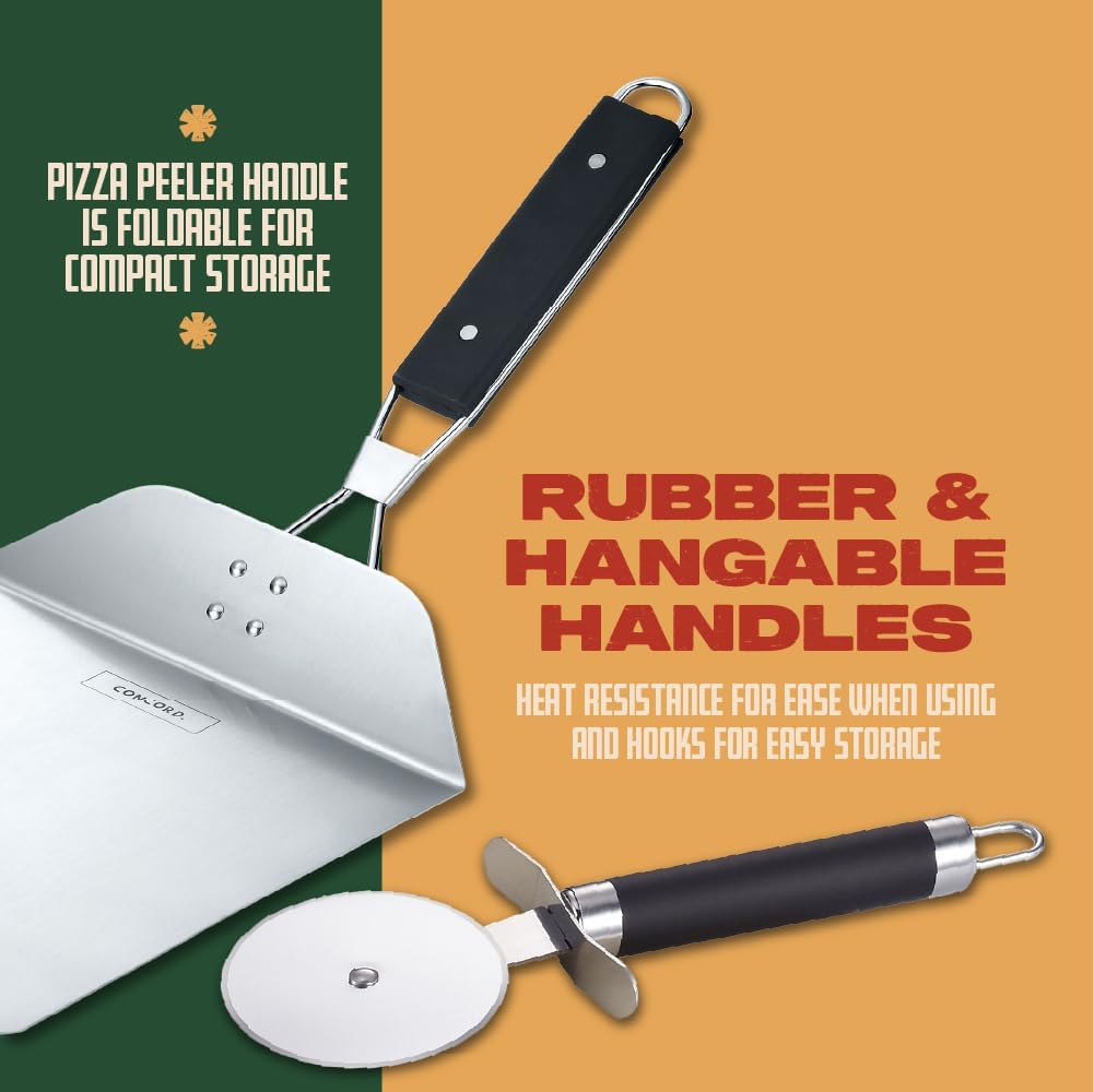 Concord 3 Piece Pizza Stone, Pizza Peel, Pizza Cutter, with Cordierite Heatwell Technology (Pizza set)