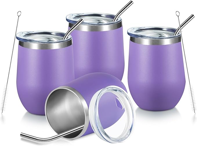COMOOO Stainless Steel Wine Tumbler 4 Pack with Lid and Straw 12oz Double Wall Vacuum Insulated Travel Tumbler Cup Stemless for Hot and Cold Drinks, Coffee, Wine, Cocktails, Purple