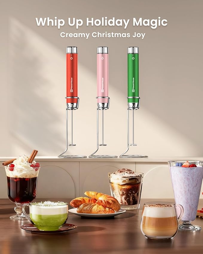 Maestri House LunaFro Max Rechargeable Milk Frother with Stepless Speed Control, Handheld Electric Foam Maker with Stand and Detachable Whisks for Lattes and Cappuccino, Ideal Gift, Christmas Green