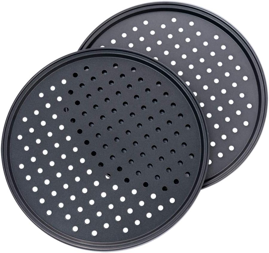 Pizza Pan With Holes, 2 Pack Carbon Steel Perforated Non-Stick Tray Tool Crispy 12inch Round for Home Kitchen