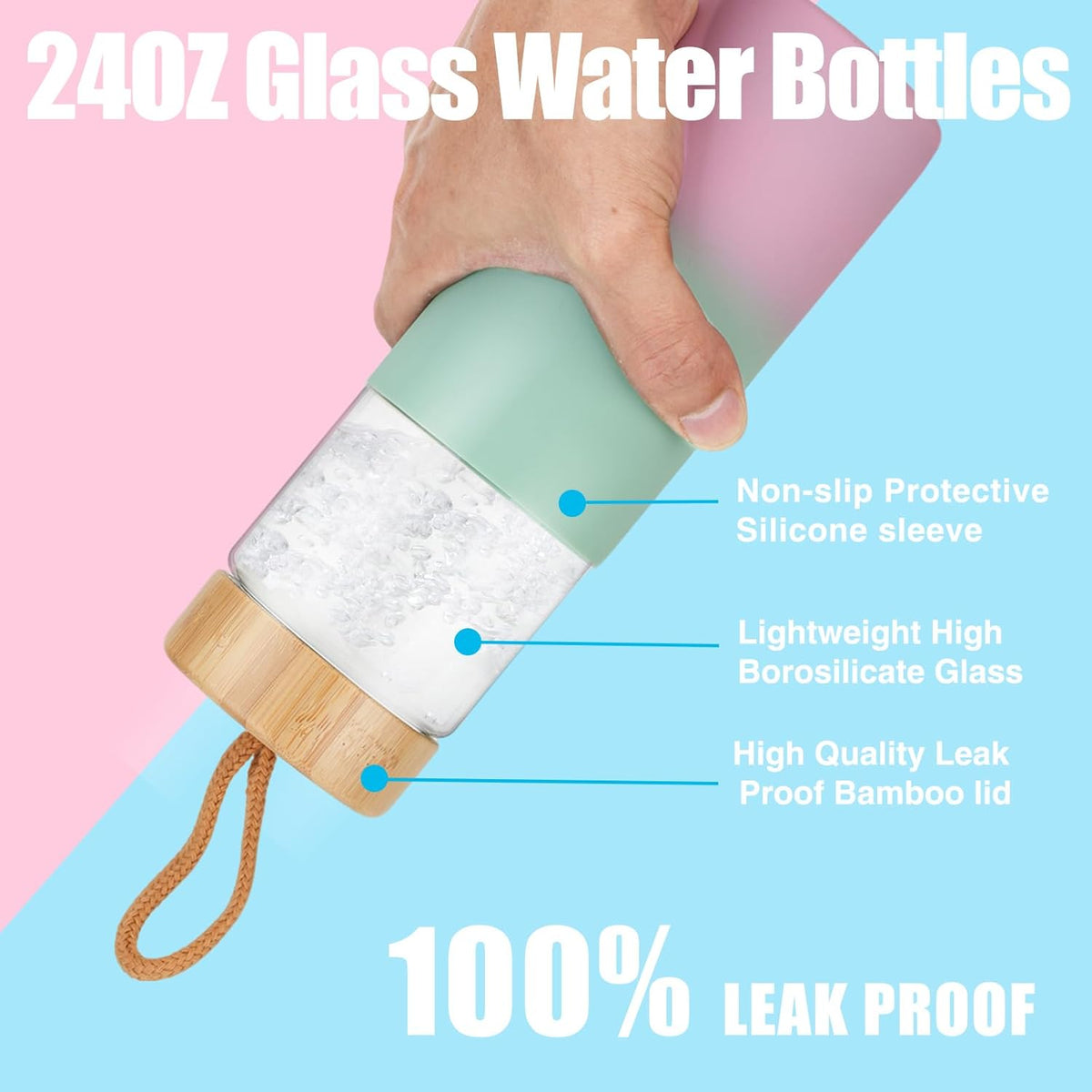 Tronco 24oz Glass Water Bottles with Bamboo Lid & Silicone Sleeve, Leak Proof, BPA Free, Reusable Borosilicate Glass Bottles for Juicing, Smoothies, Juice & Water, for Men & Women Gym, Office, Travel