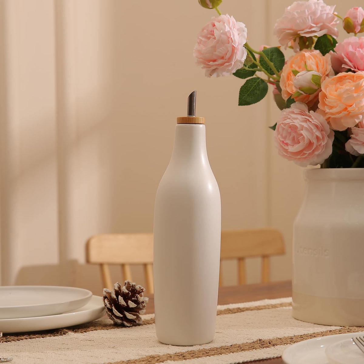 HOMCDALY Ceramic Olive Oil Dispenser for Kitchen, Stoneware 16oz Oil and Vinegar Bottles Dispenser, Kitchen Dispenser Bottle for EVOO Vinegar Syrups, Modern Farmhouse Design(W)