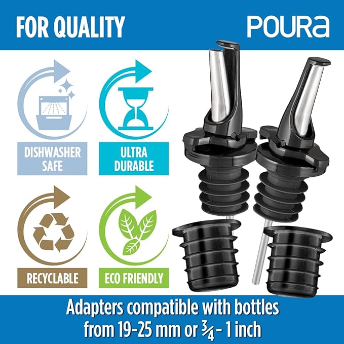 3-in-1 Liquor Pour spout with Built-in Fruit Fly Protection - Dishwasher Safe Hygienic Alcohol Speed Spouts - Also for Olive Oil, Juice, Syrup. Black 6 Pack with 6 Adapters for Large Neck Bottles