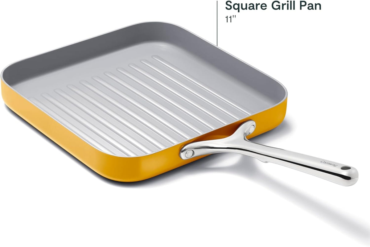 Caraway Square Grill Pan - 11” Grill Pan - Non-Stick Ceramic Coated - Non Toxic, PTFE & PFOA Free - Oven Safe & Compatible with All Stovetops - Marigold