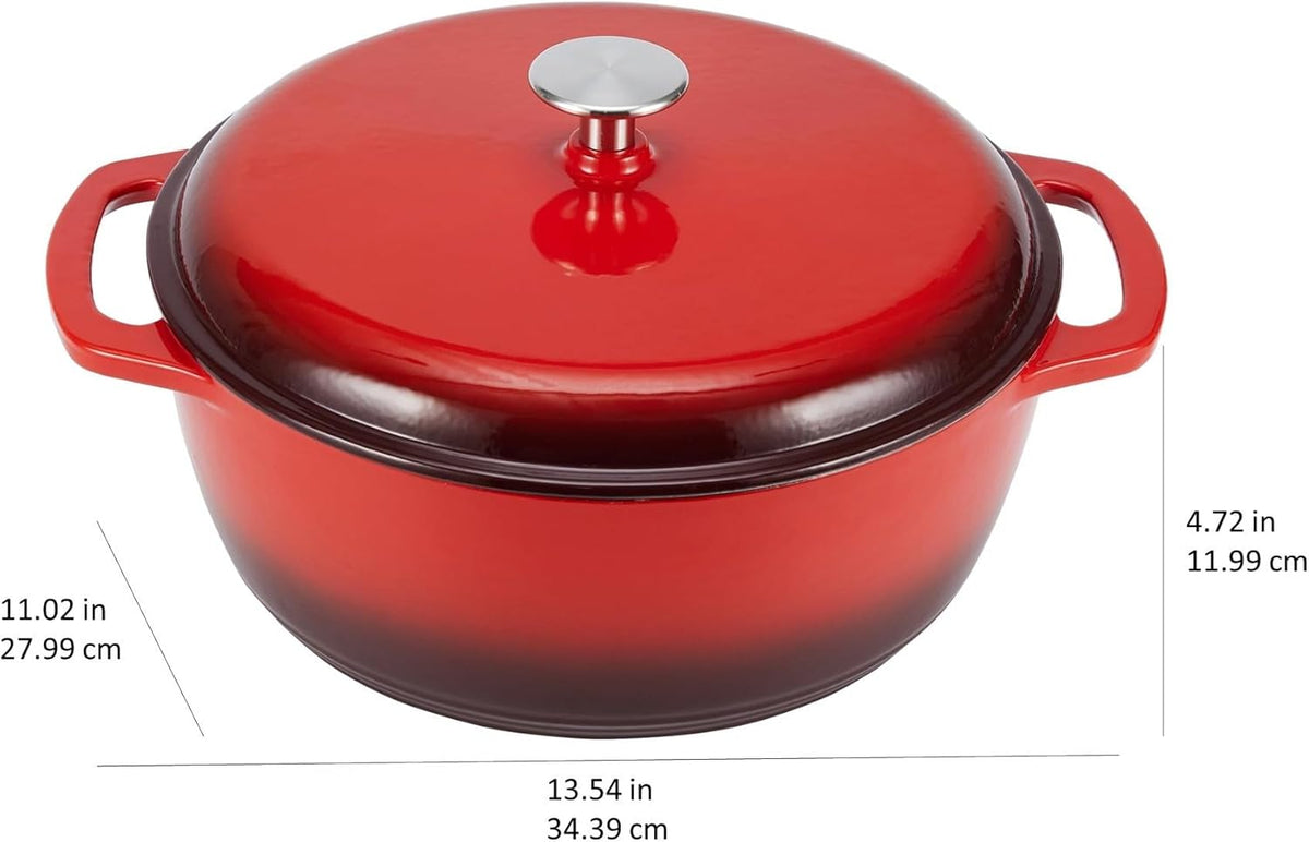 Amazon Basics Cast Iron Dutch Oven Pot with Lid, Enameled, Round, Dual Handles, Heavy-Duty, Medium, 6-Quart, Red