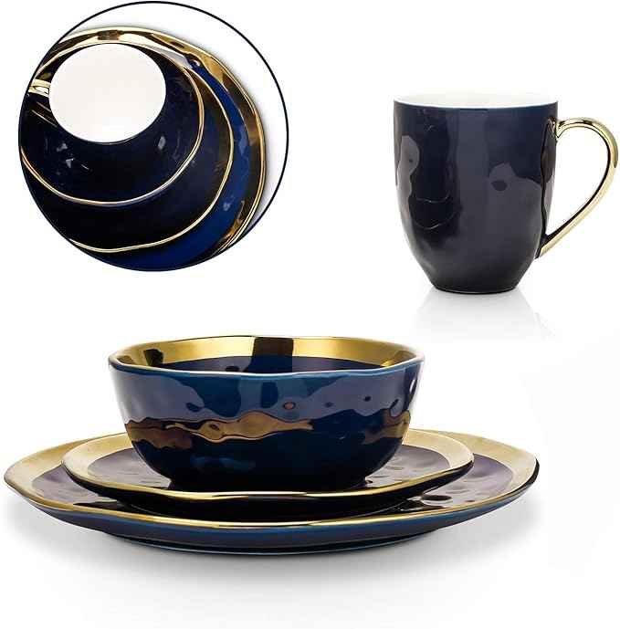 Stone Lain Porcelain 16 Piece Dinnerware Set, Service for 4, Blue and Golden Rim, Dark Blue