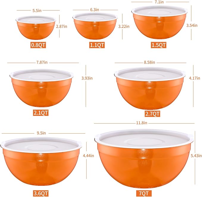 Orange Mixing Bowls with Lids Set of 7, Stainless Steel Nesting Bowl with Khaki Lid for Non-slip Mixing Prepping Storing Serving, 7 Sizes-7/3.6/2.7/2.1/1.5/1/0.8 QT