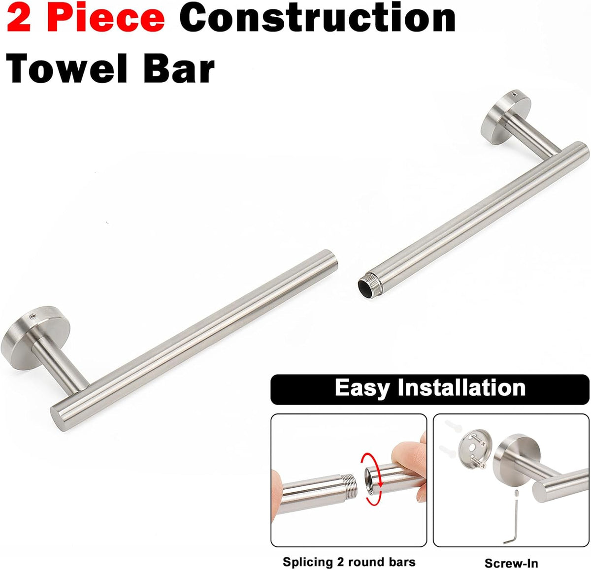 NearMoon Bath Towel Bar, Bath Accessories Thicken Stainless Steel Shower Towel Rack for Bathroom, Towel Holder Wall Mounted (1 Pack, Brushed Nickel, 24 Inch)