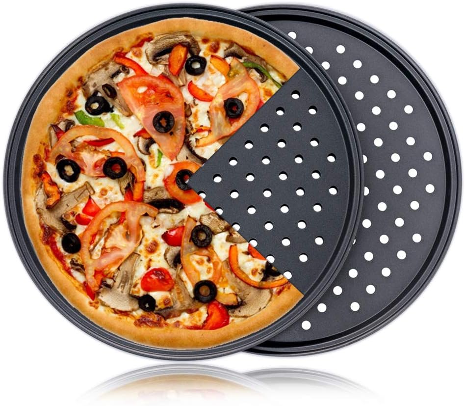 Pizza Pan With Holes, 2 Pack Carbon Steel Perforated Non-Stick Tray Tool Crispy 12inch Round for Home Kitchen
