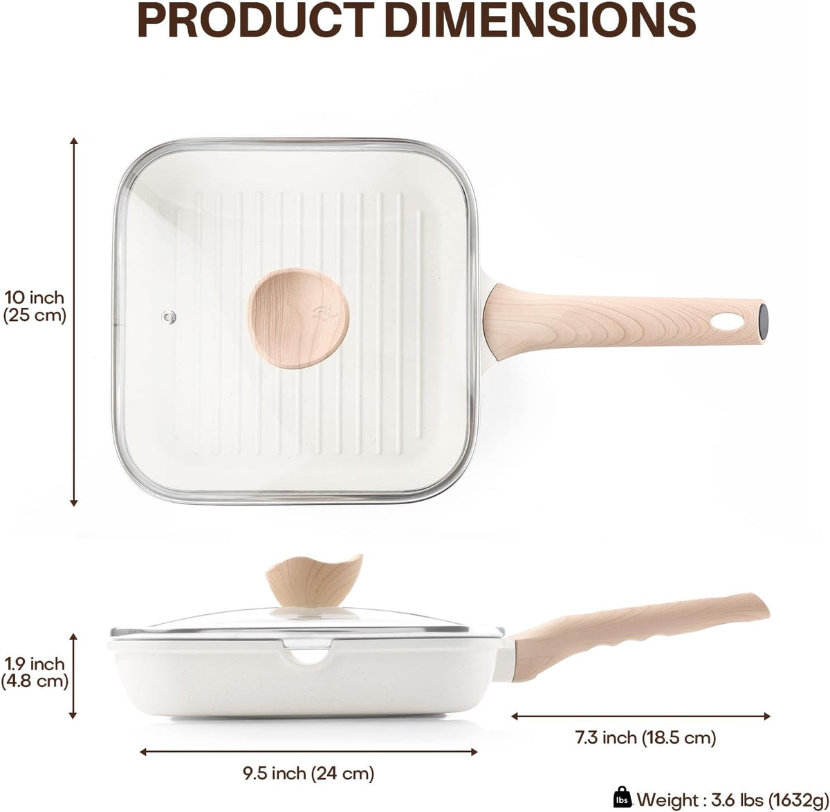 Nonstick Grilling Pan with Lid for Stove Tops, 9.5 Inch Square Grill Pan for Indoor Cooking, Healthy Coating Grill Skillet with Pour Spouts, Versatile Griddle, Induction Steak Pan, White