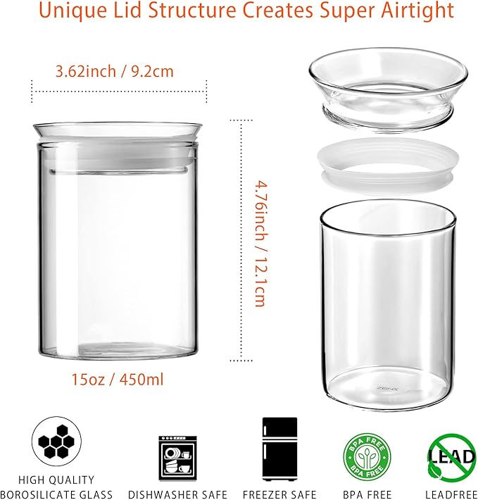 ZENS Glass Canisters Jar with Lid, Airtight Sealed 15 Fluid Ounce Spice Jars Sets of 2, Clear Small Kitchen Storage Containers for Herbs,Tea 4.76 x 3.15 IN