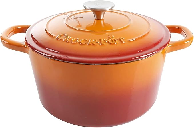 Crock-Pot Artisan 5-Quart Round Enameled Cast Iron Dutch Oven – Sunset Orange, Durable Heavy-Duty Cookware for Slow Cooking, Roasting, Baking with Lid