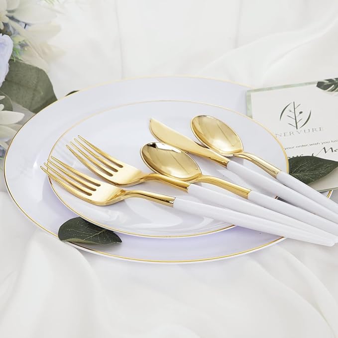 I00000 144Pcs Gold Plastic Silverware, Gold Plastic Utensils Set,Disposable Utensils Heavy Duty,Disposable Silverware Set Includes 48 Forks,48 Knives,48 Spoons for Party & Wedding