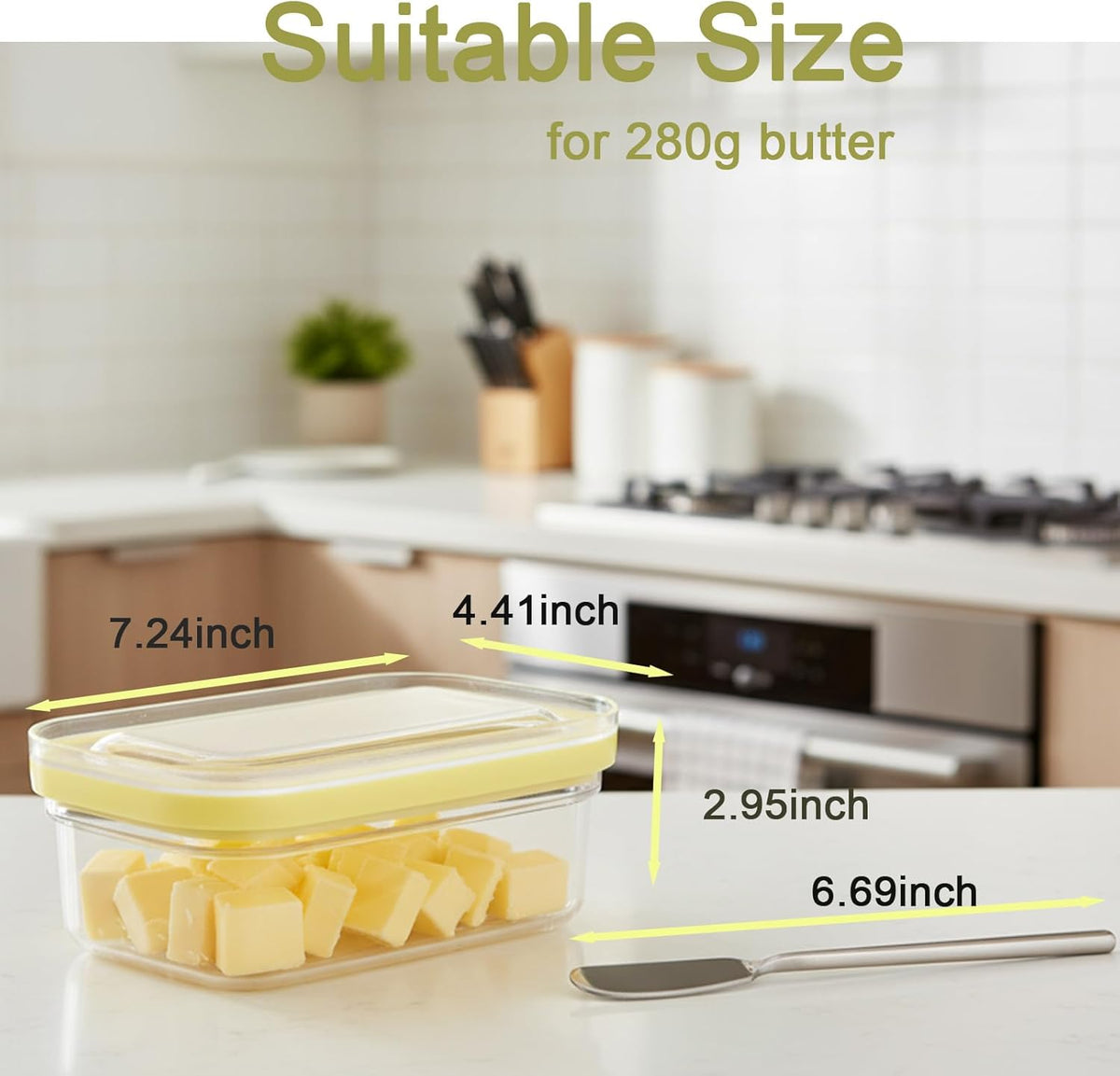 Butter Dish Slicer Cutter with Lid Sealed Butter Container with Stainless Steel Cutting Grid & Fork for Kitchen Countertop or Refrigerator Storage
