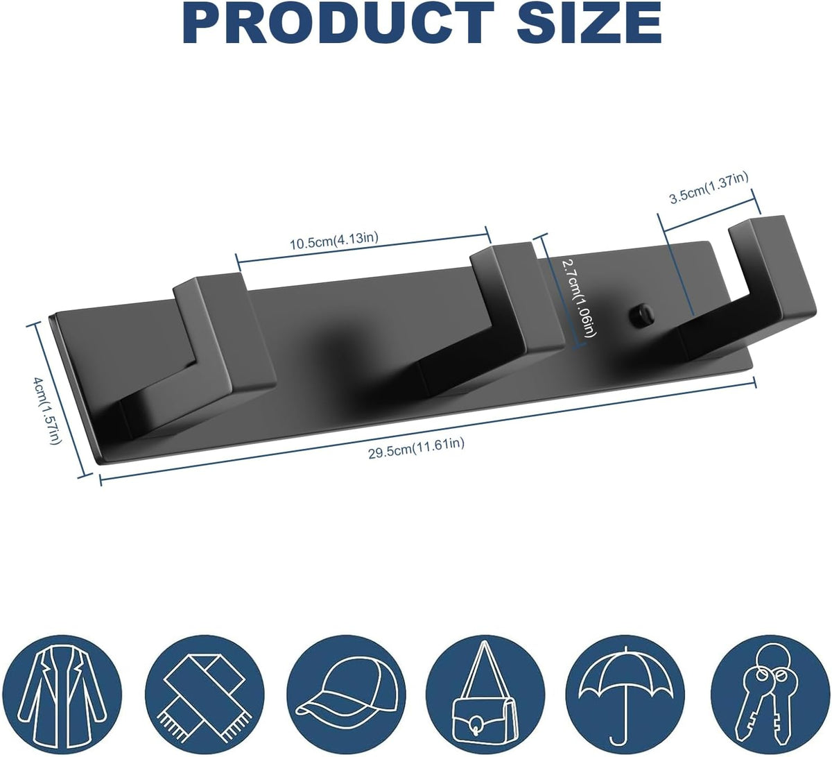 PMMASTO Coat Rack Wall Mount, Coat Hooks Wall Hooks for Hanging, Stainless Steel Coat Hanger Towel Hooks for Bathrooms, Coat Rack Hat Rack (Black 3 Hooks, 1 Pack)