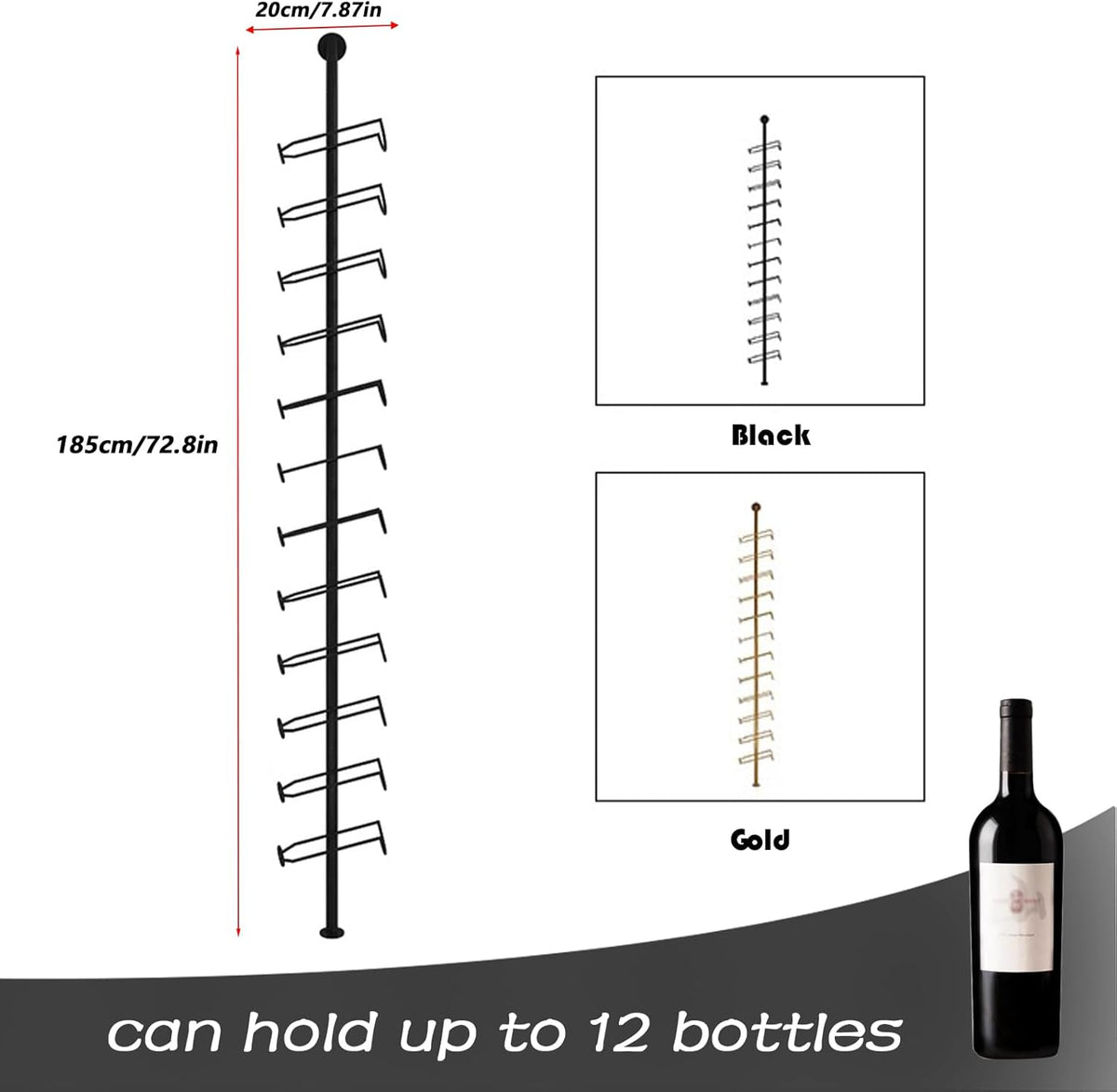 Wine Rack Wall Mounted, 72.8in High Metal Wine Bottle Holder for 12 Bottles, Kitchen Organization and Wine Storage for Commercial Restaurants Pantry Bar Wine Cellar (Black, Three rows-36 Bottles)