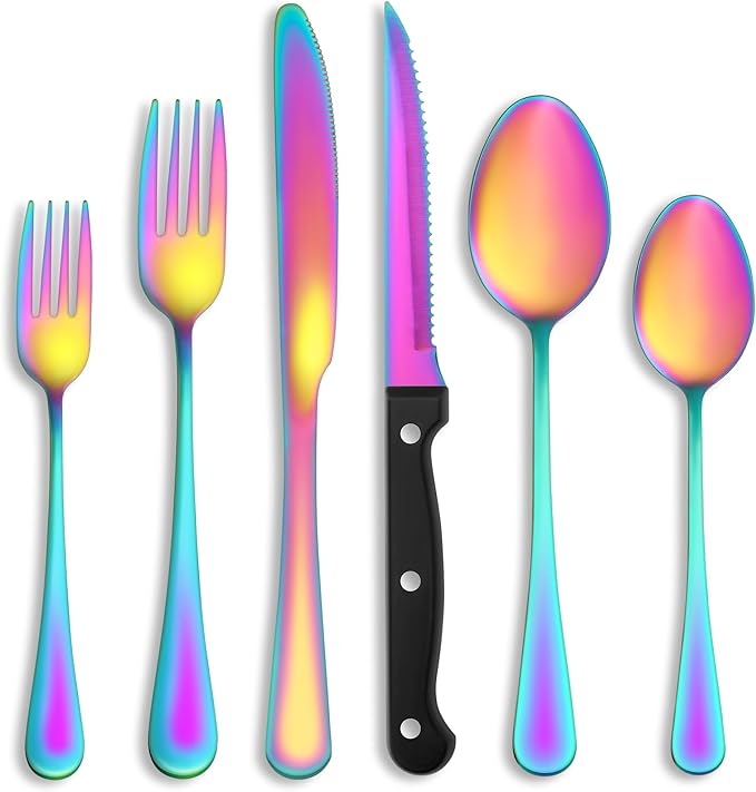 24 Pcs Rainbow Silverware Set with Steak Knives Service for 4,Stainless Steel Flatware Set,Mirror Polished Cutlery Utensil Set, Kitchen Eating Tableware,Include Fork Knife Spoon Set,Dishwasher Safe