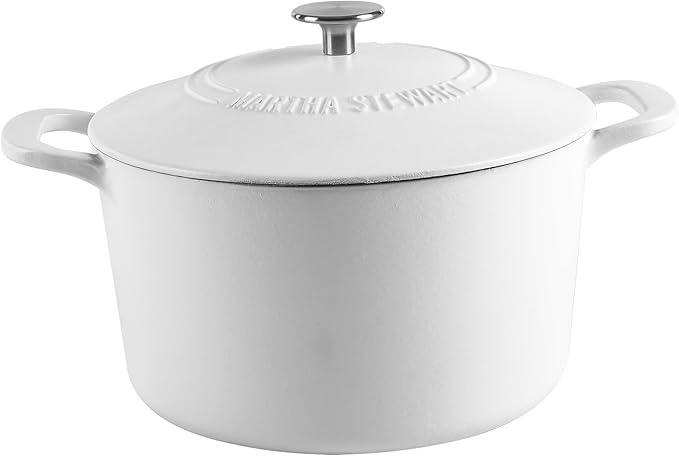 MARTHA STEWART Gatwick 7-Quart Enamel Cast Iron Dutch Oven Pot with Lid – Matte White – Durable Heavy-Duty Dutch Oven for Slow Cooking, Braising & Baking