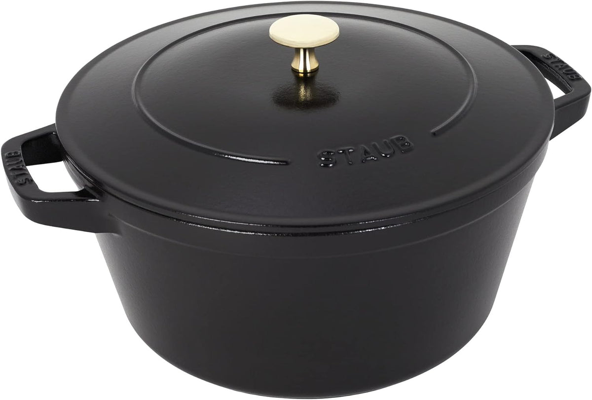 STAUB Cast Iron Set 4-pc, Stackable Space-Saving Cookware Set, Dutch Oven, Skillet, Grill Pan with Universal Lid, Made in France, Matte Black