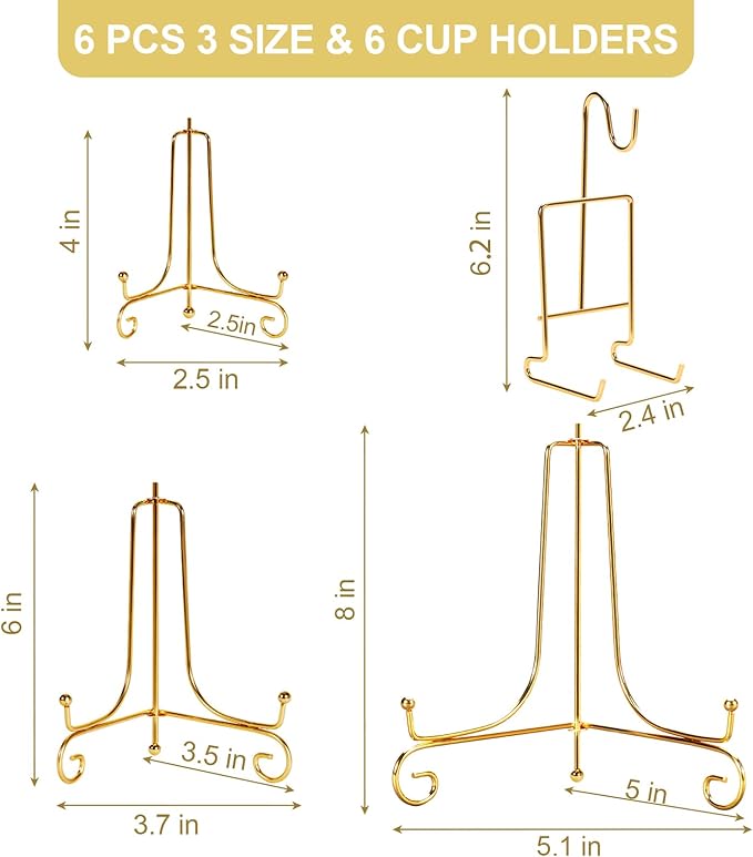 6 Pcs 3 Size Gold Plate Stands for Display, 4 6 8 Inch Plate Holder & 6 Cup and Saucer Display Stand for Displaying Picture Frames, Book, Card, Mug Organizer, Bowl, Decorative Plates, Tablet and Art