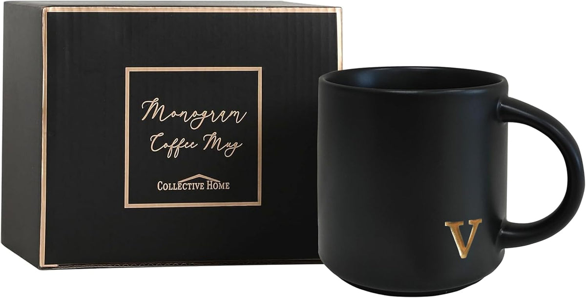 COLLECTIVE HOME - Black Monogram Ceramic Mugs, 15 oz Golden Initial Coffee Cups, Elegant Alphabet Tea Mugs, Personalized Halloween Mug with Gift Box, Perfect for Office and Home Décor (v)