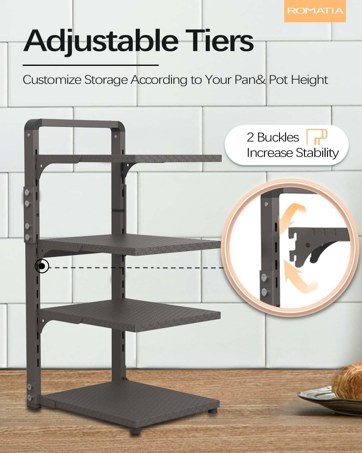 Pot and Pan Organizer Rack for under Cabinet, Heavy Duty Pot Pan Rack under Sink Organizers and Storage, Pot lid organizer, Kitchen Cabinet Organizer with 4 Adjustable Shelves