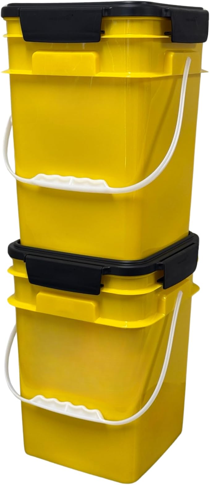 House Naturals 4 Gallon Square Food Grade Bucket Pail with Plastic Handles and Lid (Pack of 3) Made in USA containers (Yellow)