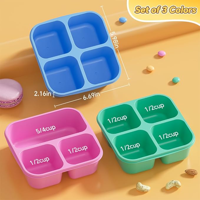 6 Pcs Snack Box Container Set, Reusable 3&4 Compartment Meal Prep Snack Containers for Adults Kids Toddler, BPA-Free Divided Lunchable Container for School, Work and Travel (5 Color)