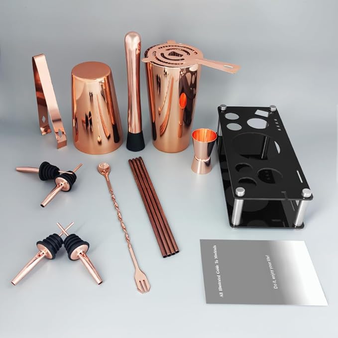 Professional Cocktail Shaker Set with Stand Cocktail Recipes, 15-Piece 750/600ml Bartender Kit, Bar Sets Bartending Kit Bar Tool Set 25/20oz Boston Shakers, Jigger, Muddler (Rose Gold)