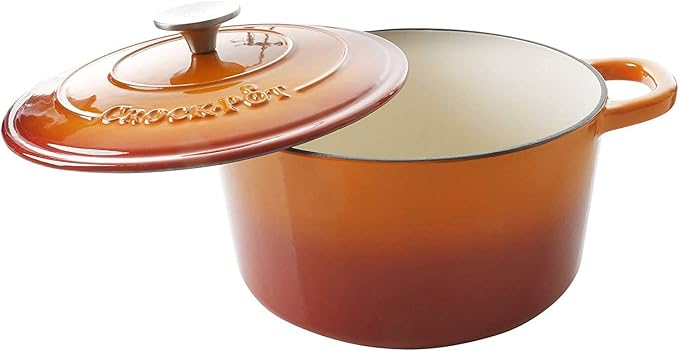 Crock-Pot Artisan 5-Quart Round Enameled Cast Iron Dutch Oven – Sunset Orange, Durable Heavy-Duty Cookware for Slow Cooking, Roasting, Baking with Lid