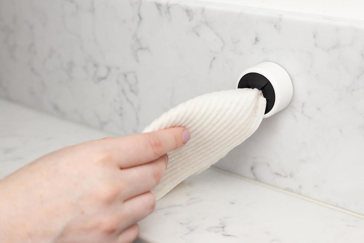 Original Kitchen Towel Holder with Adhesive, Push & Hang Dish towels, Hand towels, Accessory for Bathroom, RV, Shower (White)