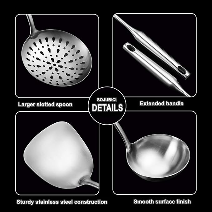 304 Stainless Steel Cooking Utensil Set 4-Piece Kitchen Utensils with Extra-Long Handles, Spatula,Ladle,Slotted Spoon,Slotted Spatula,One-Piece Construction, Ideal for Wok, Grilling, and Gifting