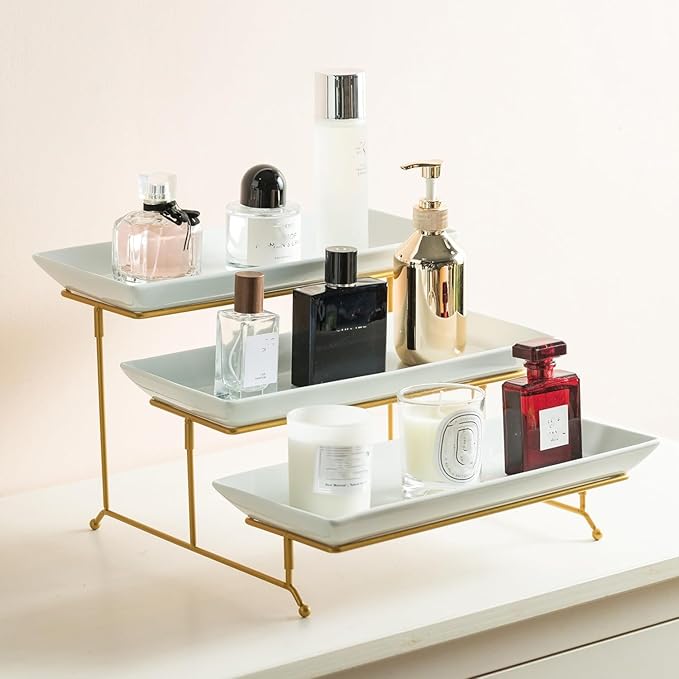 Gomakren 3 Tier Serving Stand with Porcelain Serving Platter Tray - Collapsible Gold Stand with 3 Piece Large14 Inch White Plates for Food Presentation Dessert Server Display and Entertaining