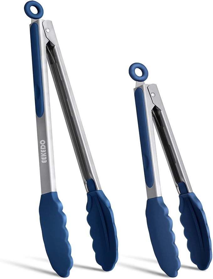 Kitchen Tongs, Stainless Steel Silicone Tongs for Cooking 600ºF High Heat-Resistant BBQ Grilling Locking Tongs, Set of 2-9" and 12" Classic Blue