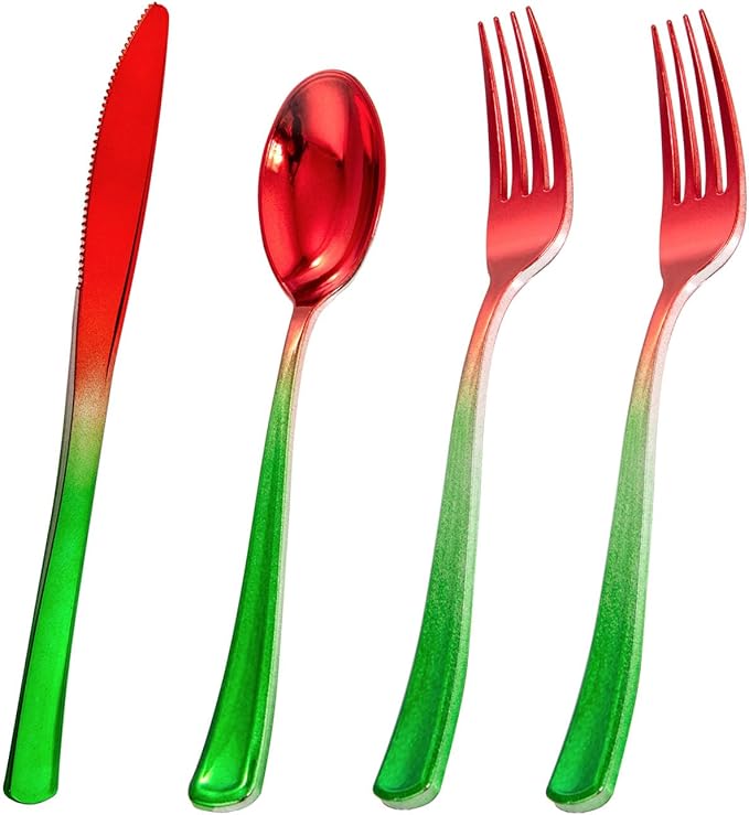 Liacere 200PCS Christmas Plastic Silverware - Red and Green Plastic Silverware include 100PCS Red and Green Forks, 50PCS Red and Green Knives, 50PCS Red and Green Spoons for Christmas