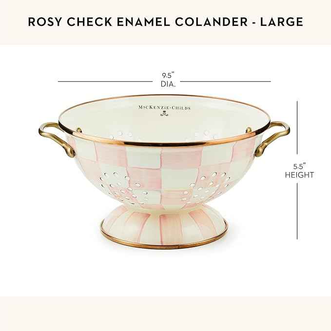 MACKENZIE-CHILDS Enamel Colander, Decorative Kitchen Strainer, Large, Pink-and-White Rosy Check